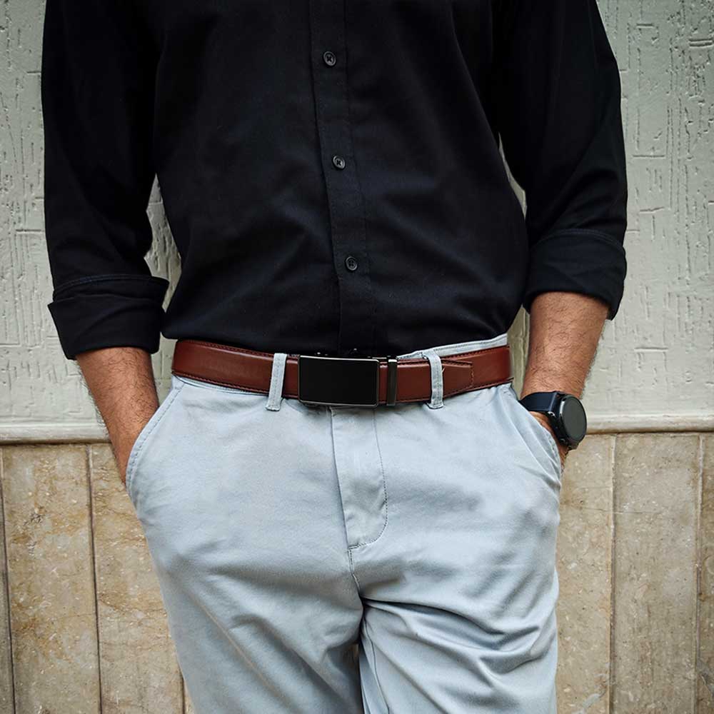Battleship Buckle with Italian Leather Ratchet Belt