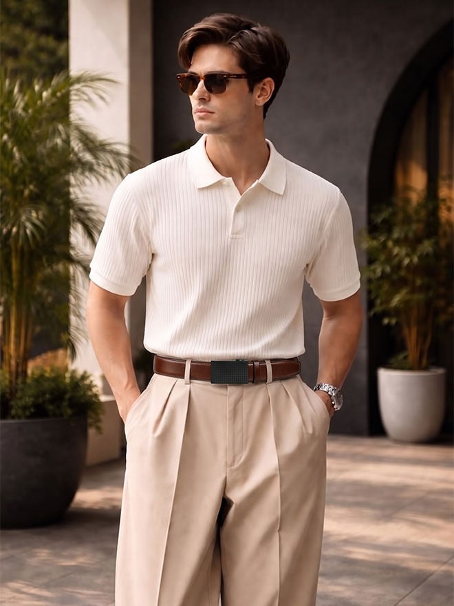 A black leather adjustable men's belt featuring a sleek square buckle and a textured line pattern.