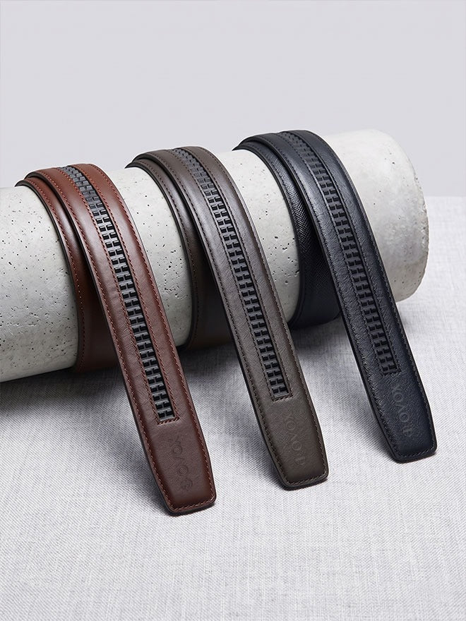 Brown leather strap with two rows of stitching, featuring an Italian leather design and a no-hole strap for adjustable fit. 
belt without holes, ratchet belt strap, leather straps, ratchet belt strap only, adjustable strap, belt strap without holes, belt strap without buckle, micro adjustable belt strap	

