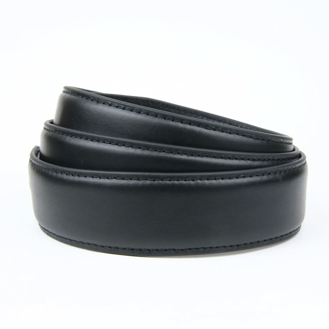 A black leather ratchet belt with two rows of stitching, featuring an adjustable strap without holes for a perfect fit.

belt without holes, ratchet belt strap, leather straps, ratchet belt strap only, adjustable strap, belt strap without holes, belt strap without buckle, micro adjustable belt strap	