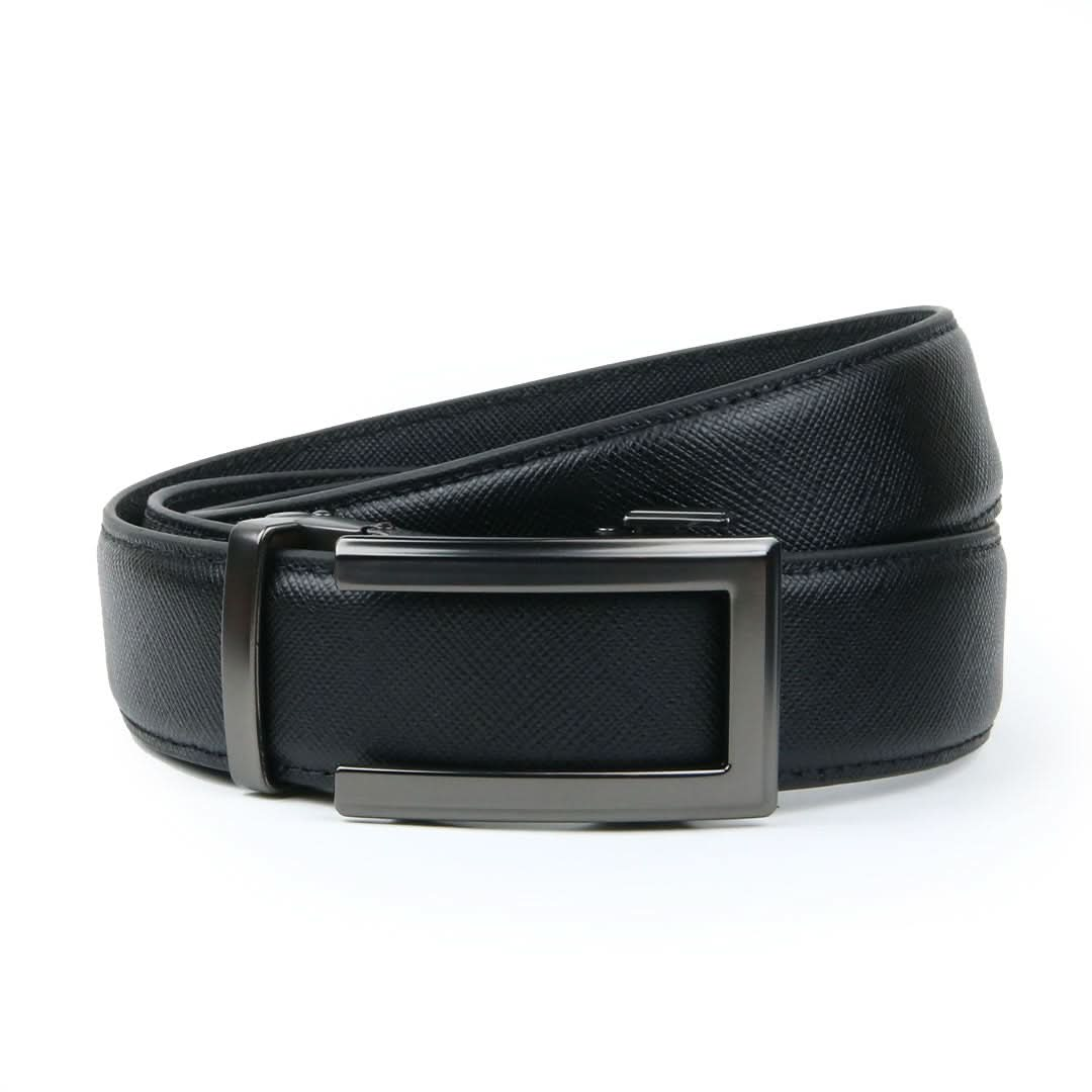 A black leather adjustable men's belt featuring a sleek square buckle and a textured line pattern.