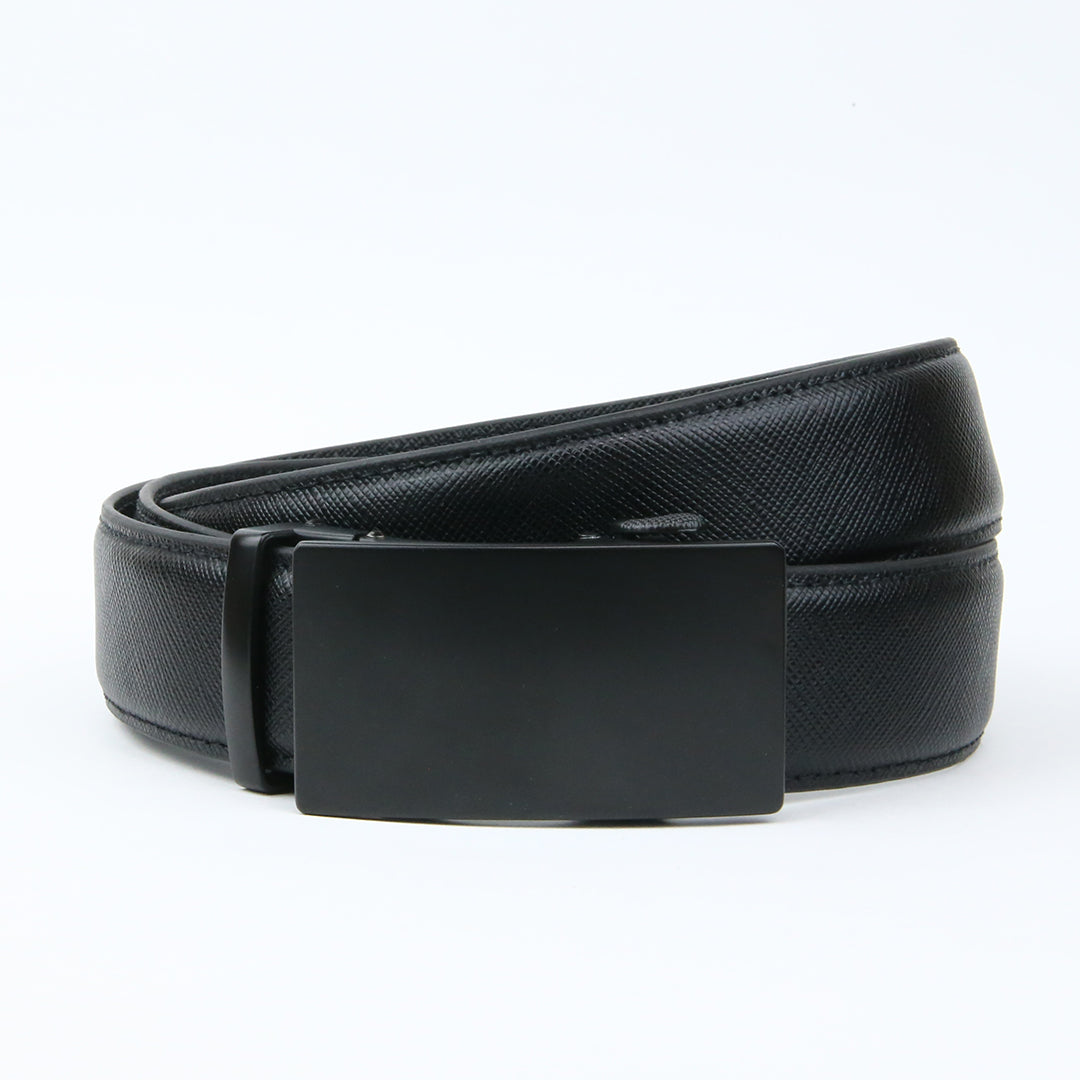 A black leather ratchet belt with a shiny black rectangular buckle and a strap featuring a subtle textured line pattern, offering a stylish and functional design.