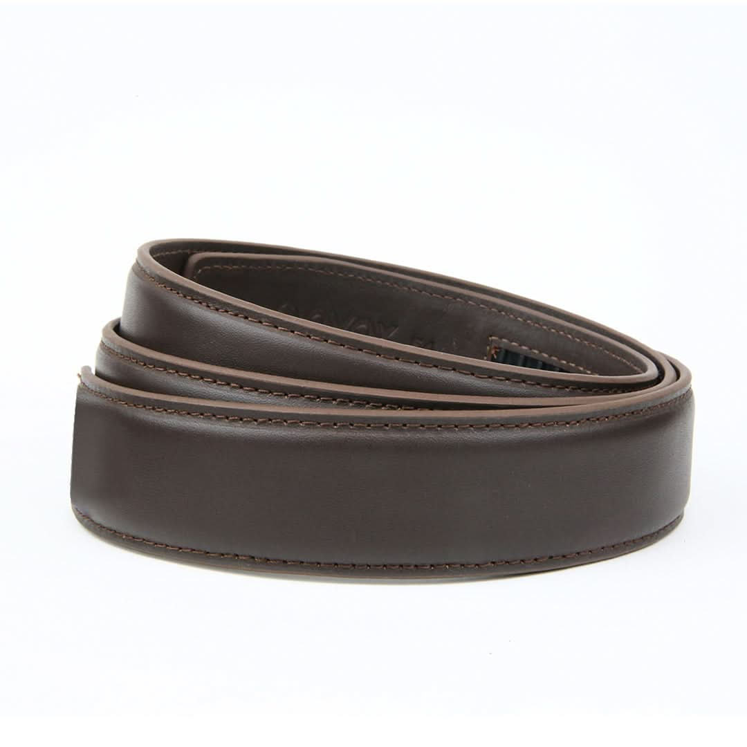 Brown leather strap with two rows of stitching, featuring an Italian leather design and a no-hole strap for adjustable fit. 
belt without holes, ratchet belt strap, leather straps, ratchet belt strap only, adjustable strap, belt strap without holes, belt strap without buckle, micro adjustable belt strap	

