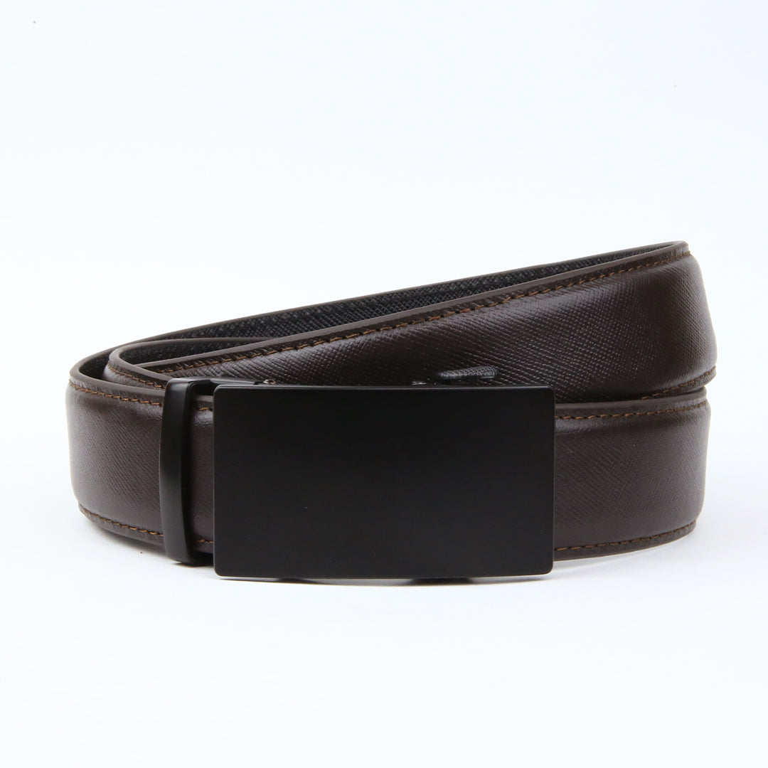 A brown leather ratchet belt with a shiny black rectangular buckle and a strap featuring a subtle textured line pattern, offering a stylish and functional design.