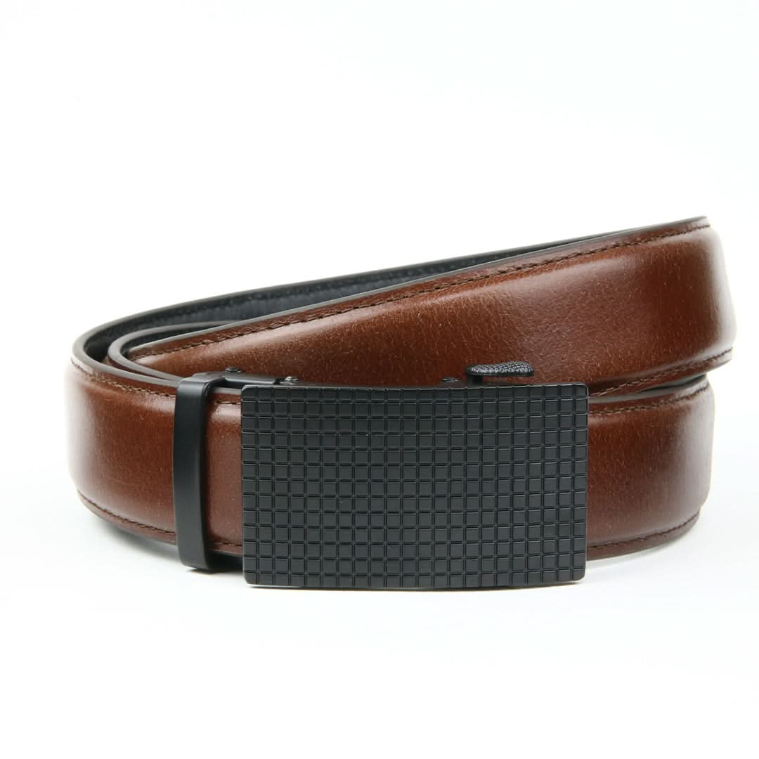 Brown leather ratchet belt with a black rectangular textured buckle, shown coiled in a minimalistic design.

micro adjustable belt, adjustable belt for men, ratchet belt for men 