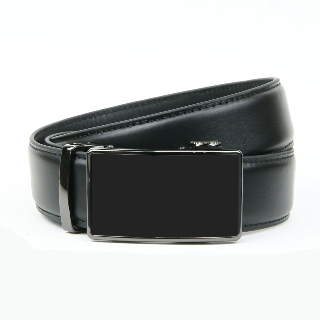 Men's black leather ratchet belt with a shiny black rectangular buckle and a plain black strap, offering a sleek and adjustable design.