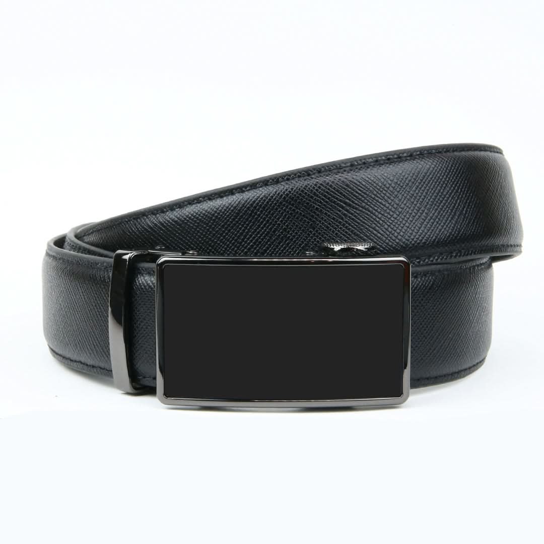  Men's black leather ratchet belt featuring a shiny black rectangular buckle and a strap with a textured line for a stylish, modern look