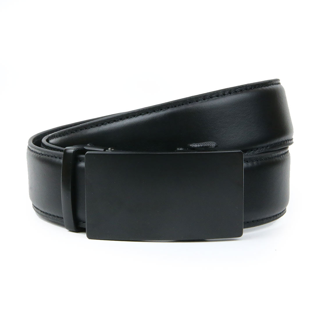 A plain black leather ratchet belt with a shiny black rectangular buckle, designed for a sleek and versatile look.