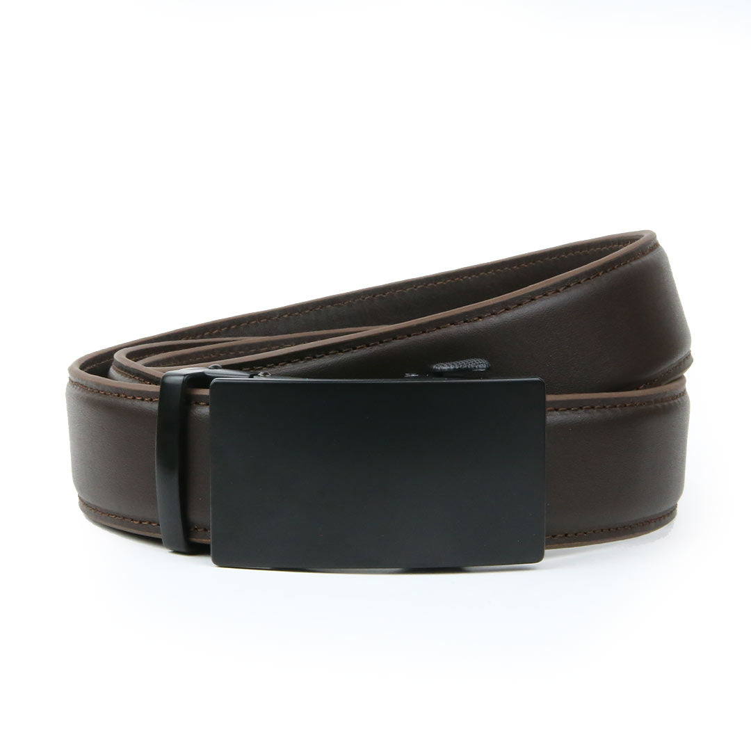 A plain brown leather ratchet belt with a shiny black rectangular buckle, offering a sleek and functional design.