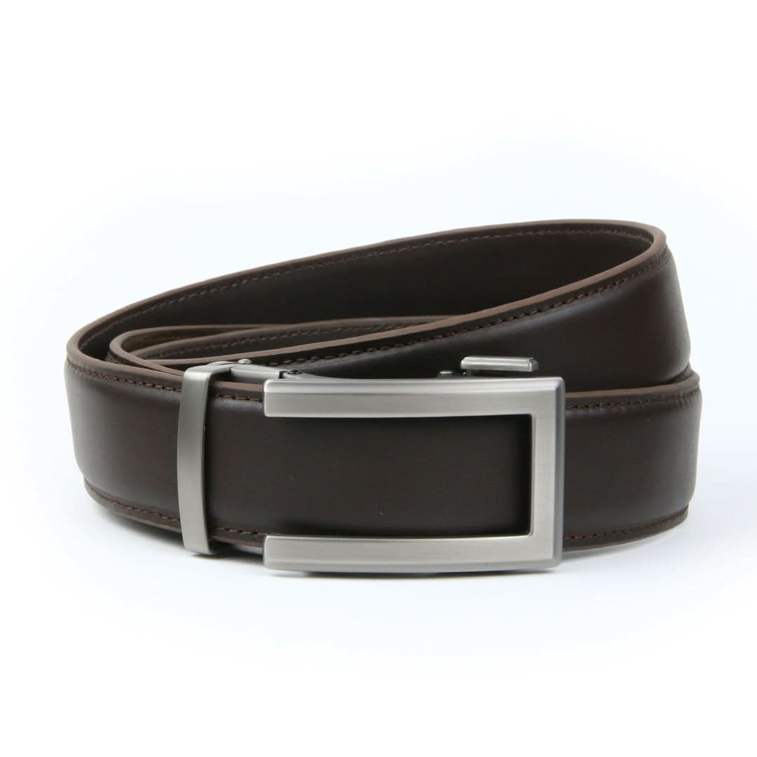 A sleek UK ratchet belt with a smooth brown leather strap and a fashionable silver buckle.