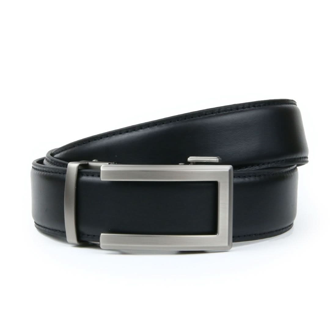 A sleek ratchet belt without holes, featuring a smooth black Italian leather strap and a stylish silver buckle