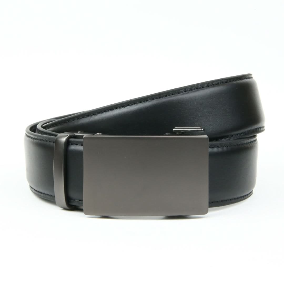 A sleek ratchet belt without holes, boasting a smooth black leather strap and a stylish rectangular gunmetal buckle.