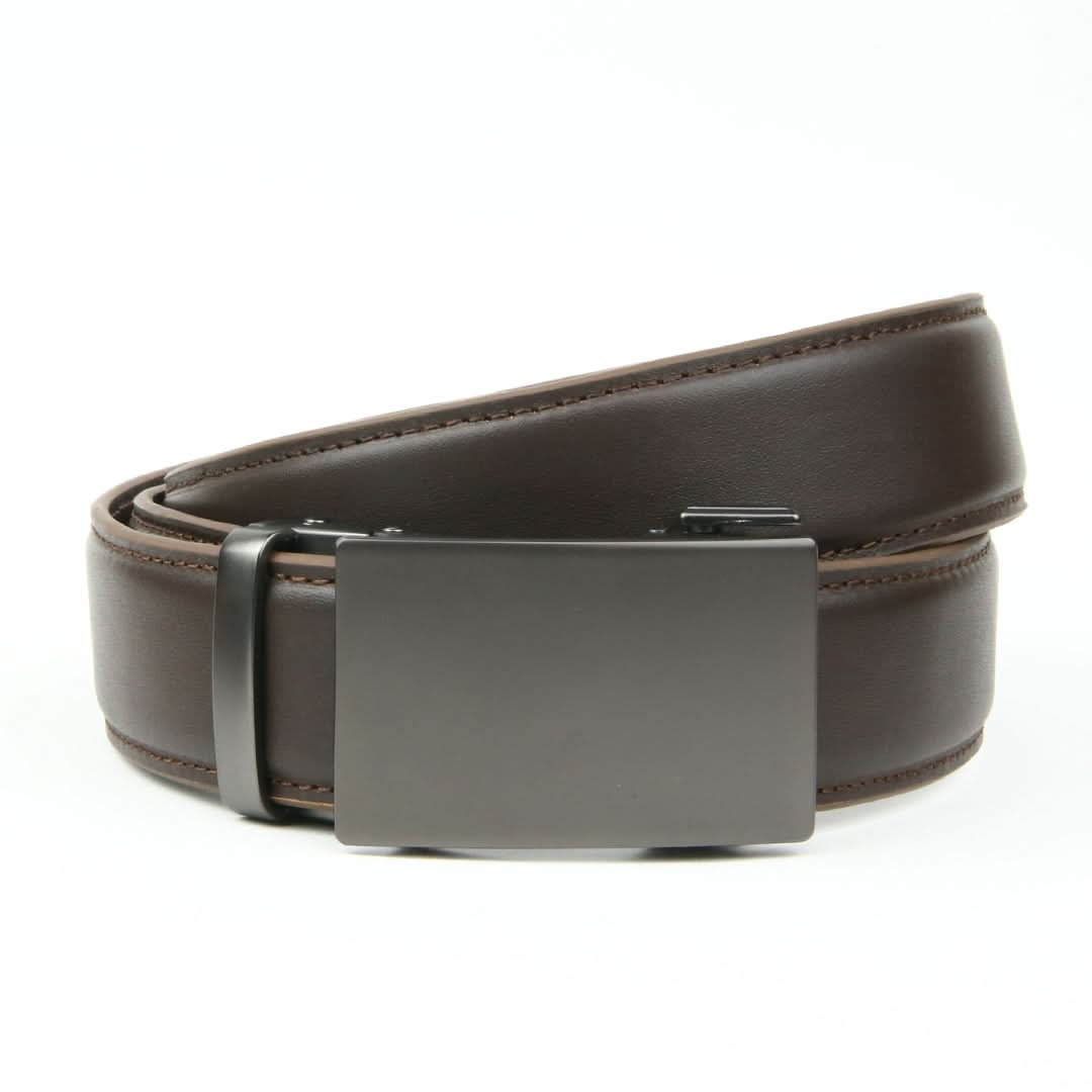 A sleek ratchet belt without holes, featuring a smooth brown leather strap and a stylish gunmetal buckle.