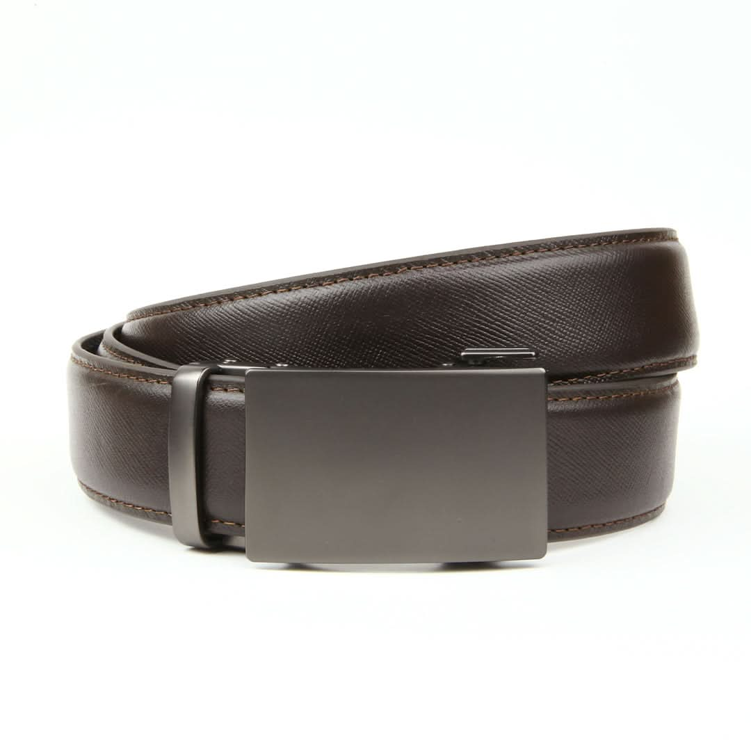 A sleek ratchet belt without holes, boasting a smooth brown leather strap with textured line patterns and a stylish rectangular gunmetal buckle.