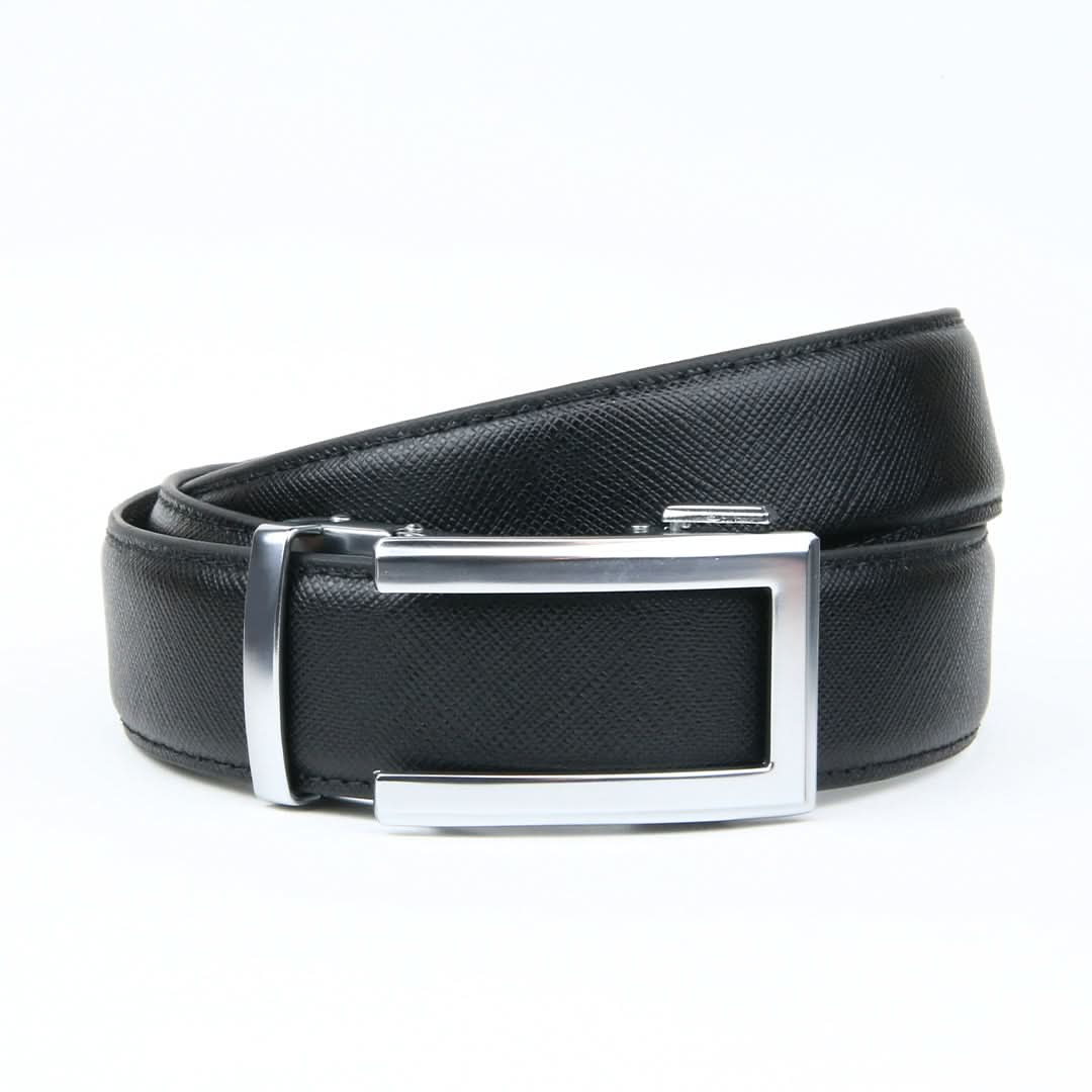 A sleek ratchet belt featuring a textured leather strap with line patterns and a stylish silver buckle.