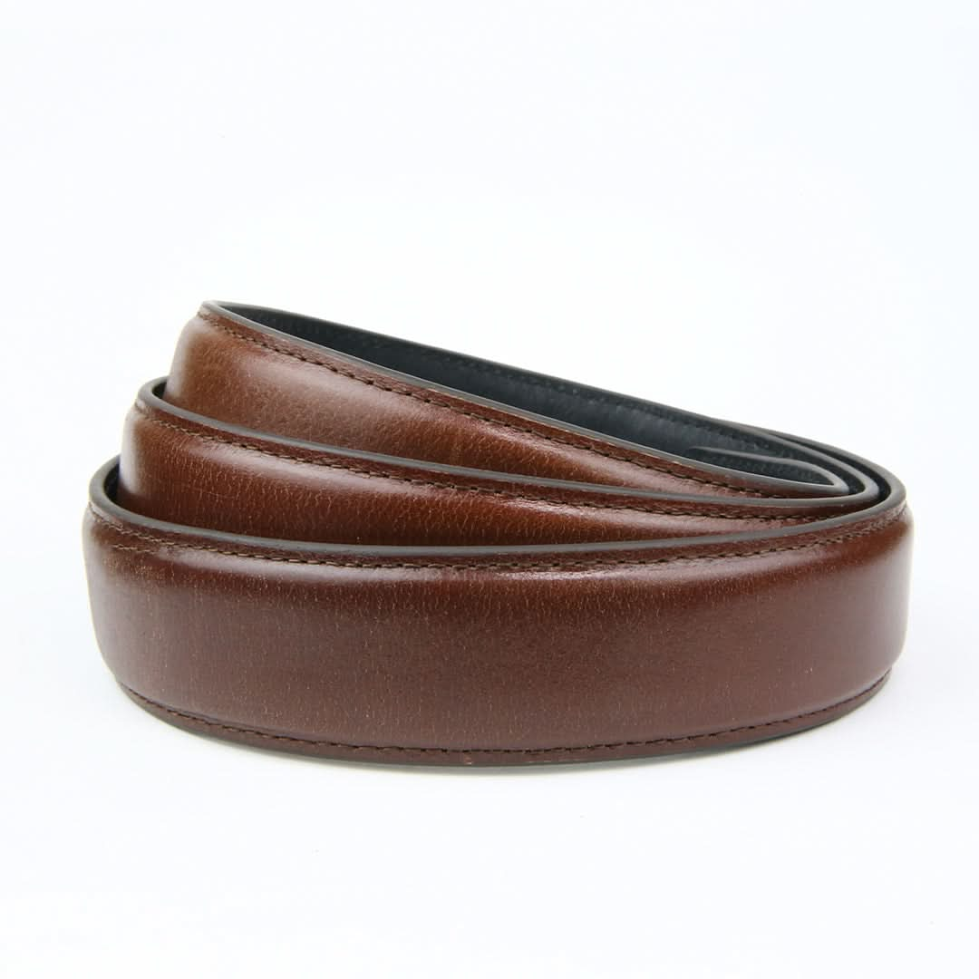 A detailed close-up of a tan brown leather belt strap, highlighting its rich grain and fine craftsmanship.

belt without holes, ratchet belt strap, leather straps, ratchet belt strap only, adjustable strap, belt strap without holes, belt strap without buckle