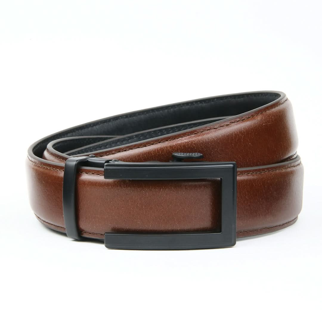 A sleek tan brown leather ratchet belt for men, featuring a stylish rectangular black metal buckle, with the strap rolled up.