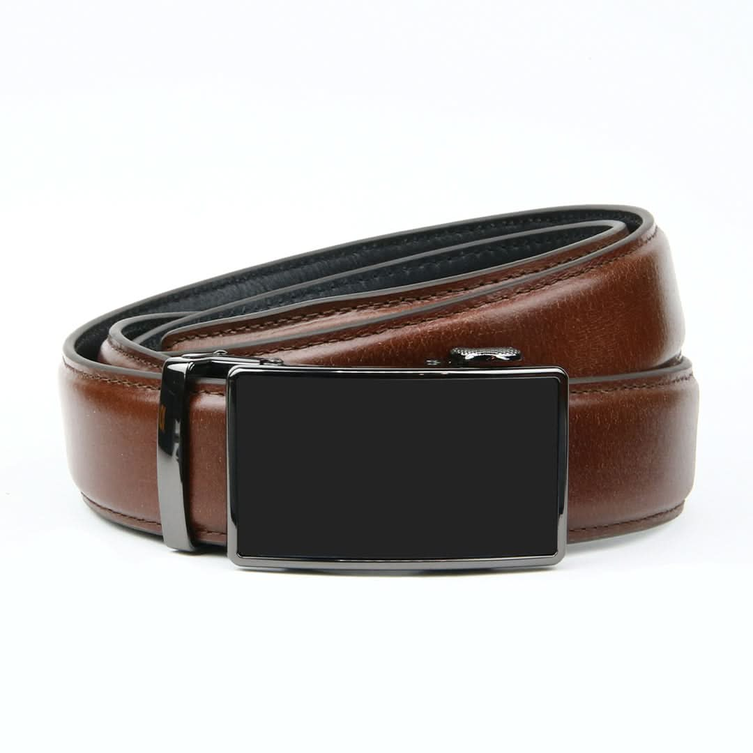 A tan brown leather ratchet belt featuring a shiny black rectangular buckle and a textured strap, combining style and functionality.