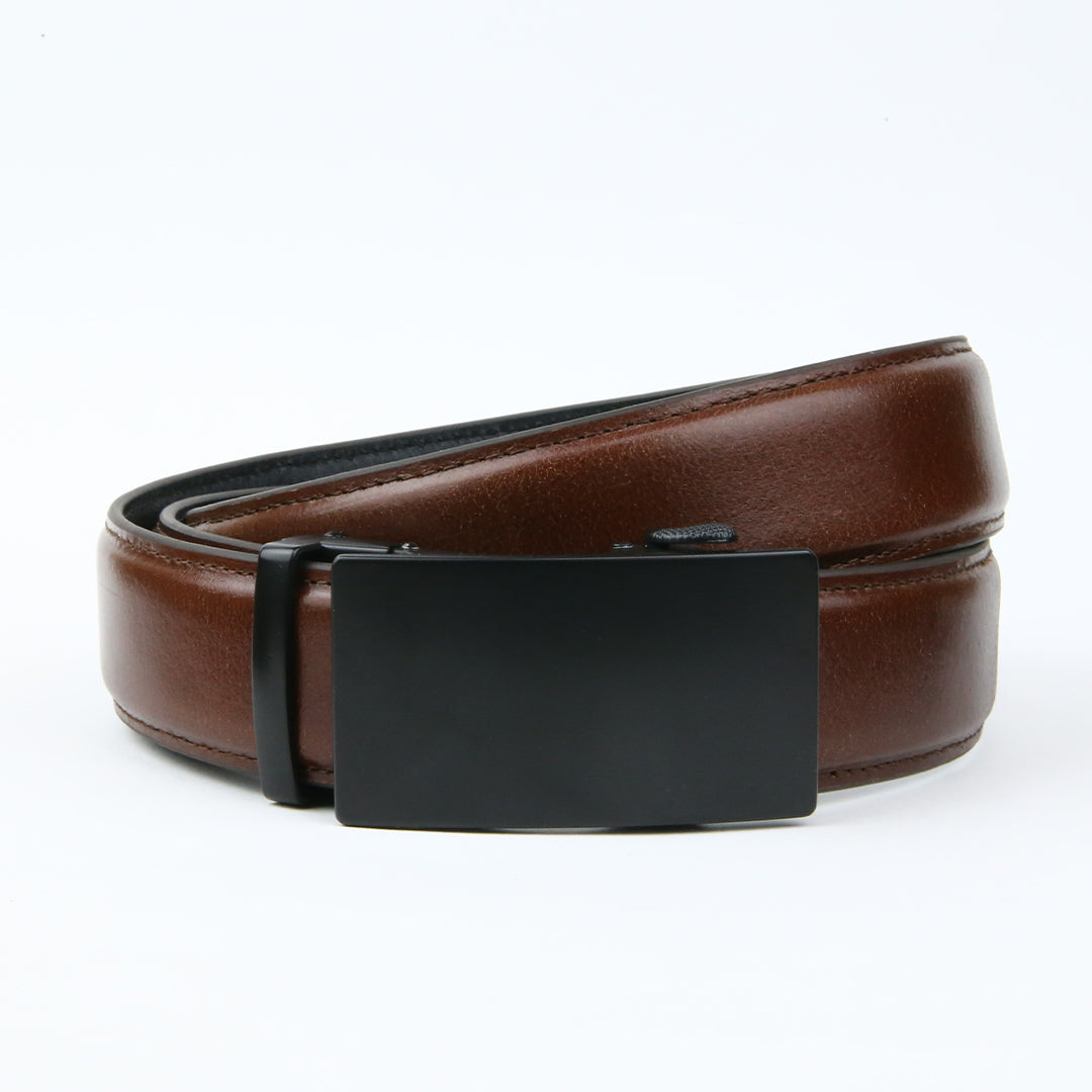  A tan brown leather ratchet belt featuring a shiny black rectangular buckle and a textured strap, combining style and functionality.