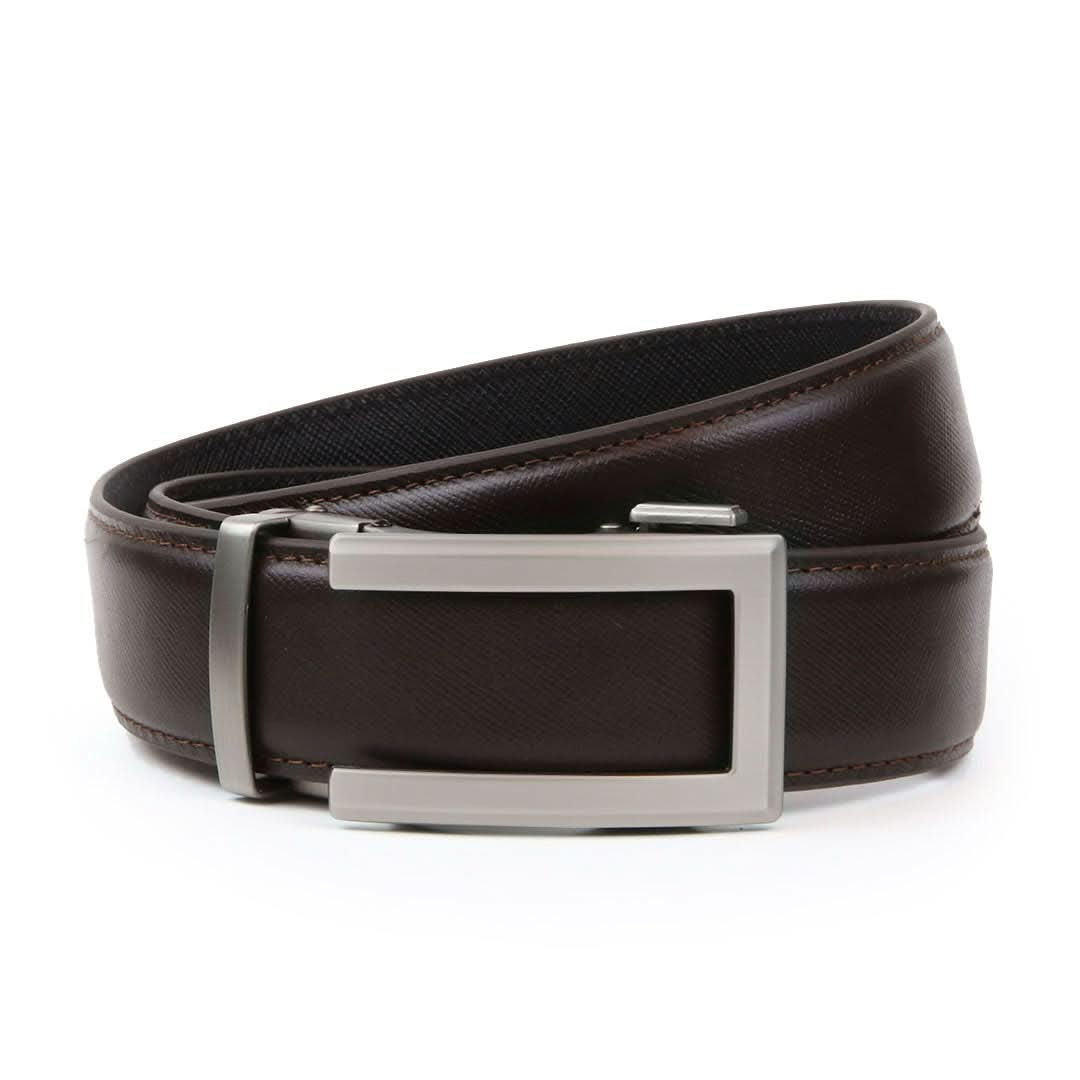 A sleek UK ratchet belt with a smooth brown leather strap and a trendy silver buckle.